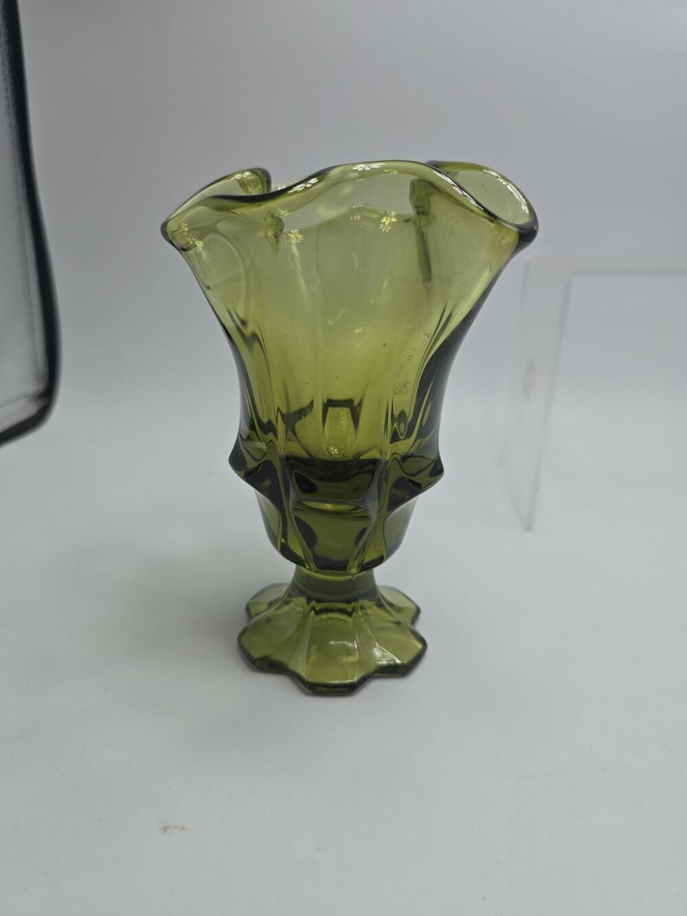VTG Fenton Swing Art Glass Handkerchief Footed Vase Colonial Olive Green 7" MCM